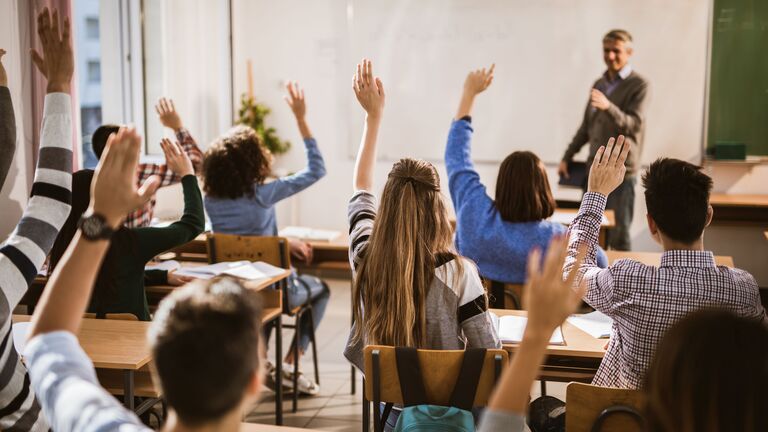 Schülerinnen und Schüler melden sich im Unterricht.