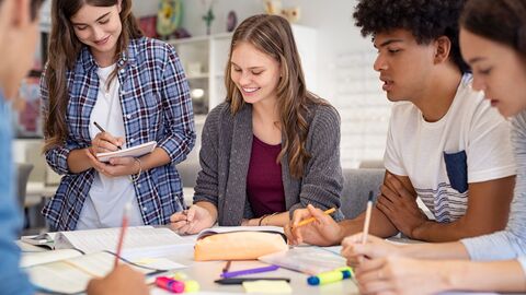 Schülerinnen und Schüler machen eine Gruppenarbeit. Schülerinnen und Schüler machen eine Gruppenarbeit.