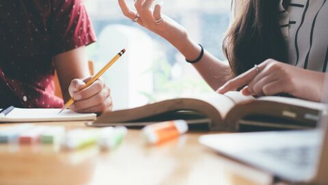 Eine Schülerin und ein Schüler lernen gemeinsam. Vor ihnen liegen aufgeschlagene Bücher. Eine Schülerin und ein Schüler lernen gemeinsam. Vor ihnen liegen aufgeschlagene Bücher.