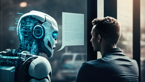 Ein Jugendlicher wird von einem Roboter beraten. Ein Jugendlicher wird von einem Roboter beraten.