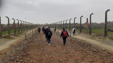Auf einem Schotterweg laufen mehrere Menschen - links und rechts ist der Weg von Stacheldraht-Zäunen umgeben