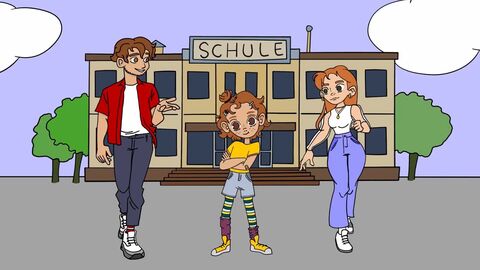 Zeichnung von zwei Eltern mit ihrer Tochter - im Hintergrund sieht man ein Schulgebäude