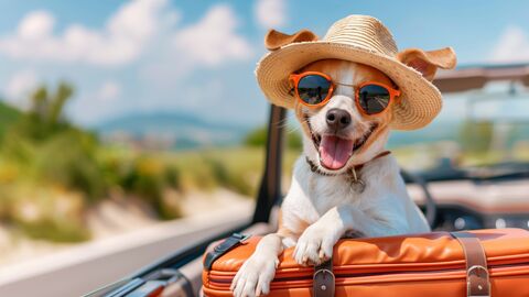 Ein Hund sitzt in einem Kabrio mit Sonnenhut und -brille. Ein Hund sitzt in einem Kabrio mit Sonnenhut und -brille.
