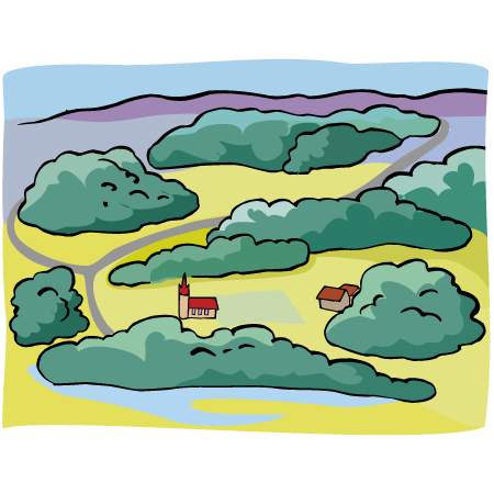 Landschaft Blick von oben auf eine Landschaft mit Baumgruppen und Wiesen